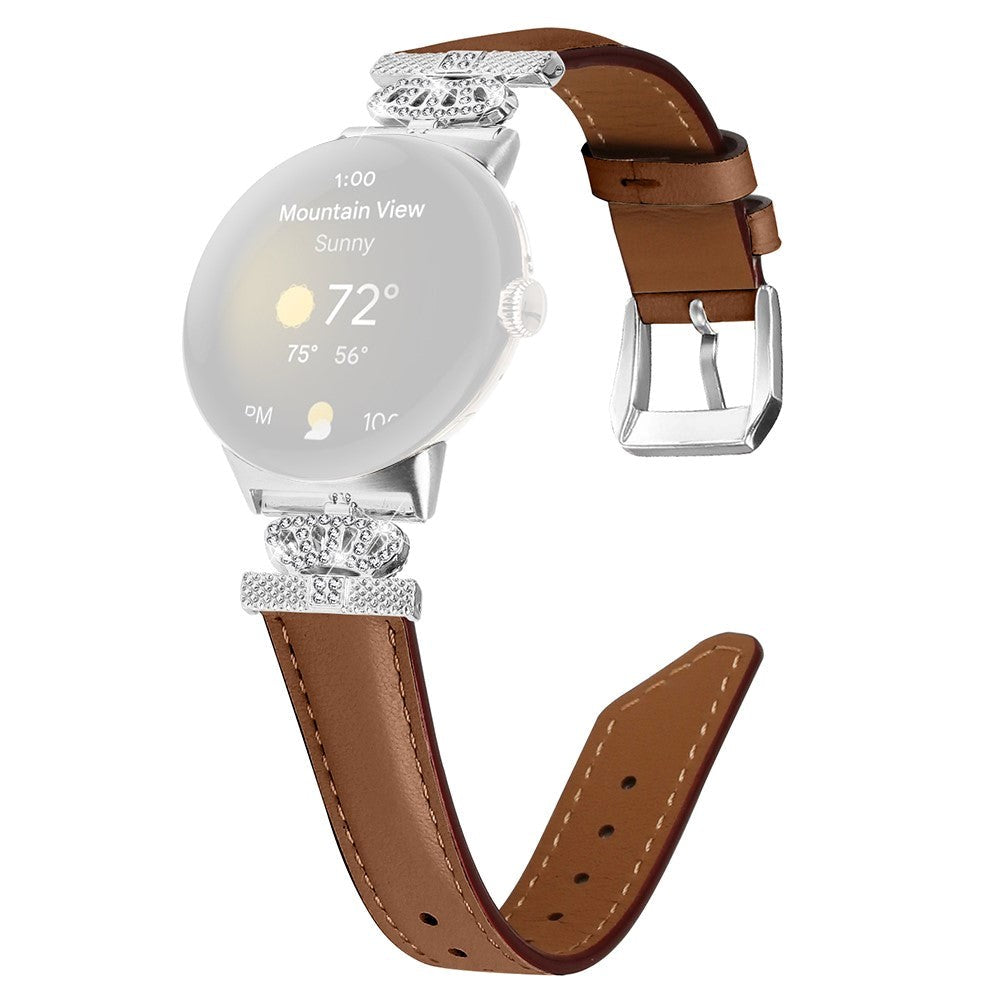 Google Pixel Watch 1 / 2 / 3 Läderrem med Silver Strass Spänne - Brun