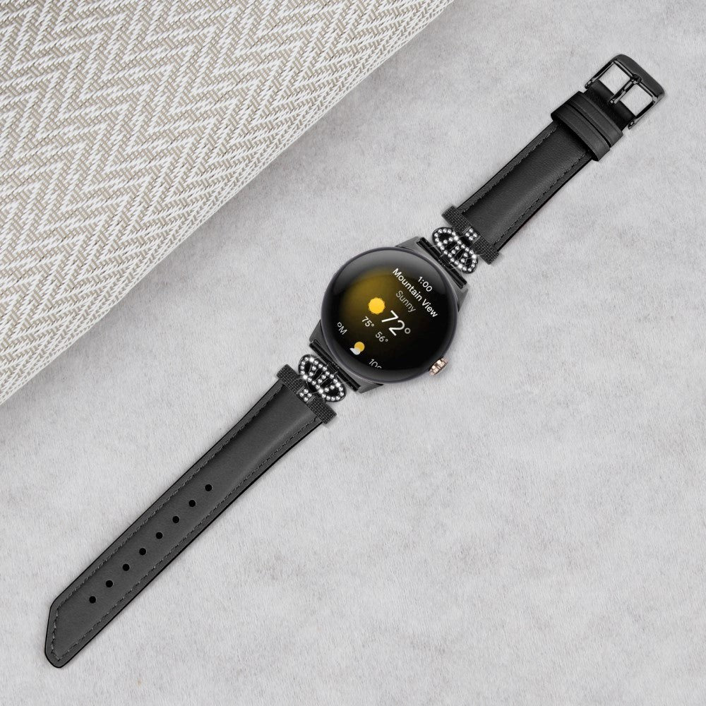 Google Pixel Watch 1 / 2 / 3 Läderrem med Svart Strass Spänne - Svart