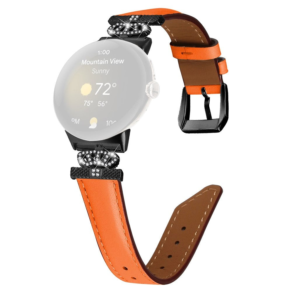 Google Pixel Watch 1 / 2 / 3 Läderrem med Svart Strass Spänne - Orange