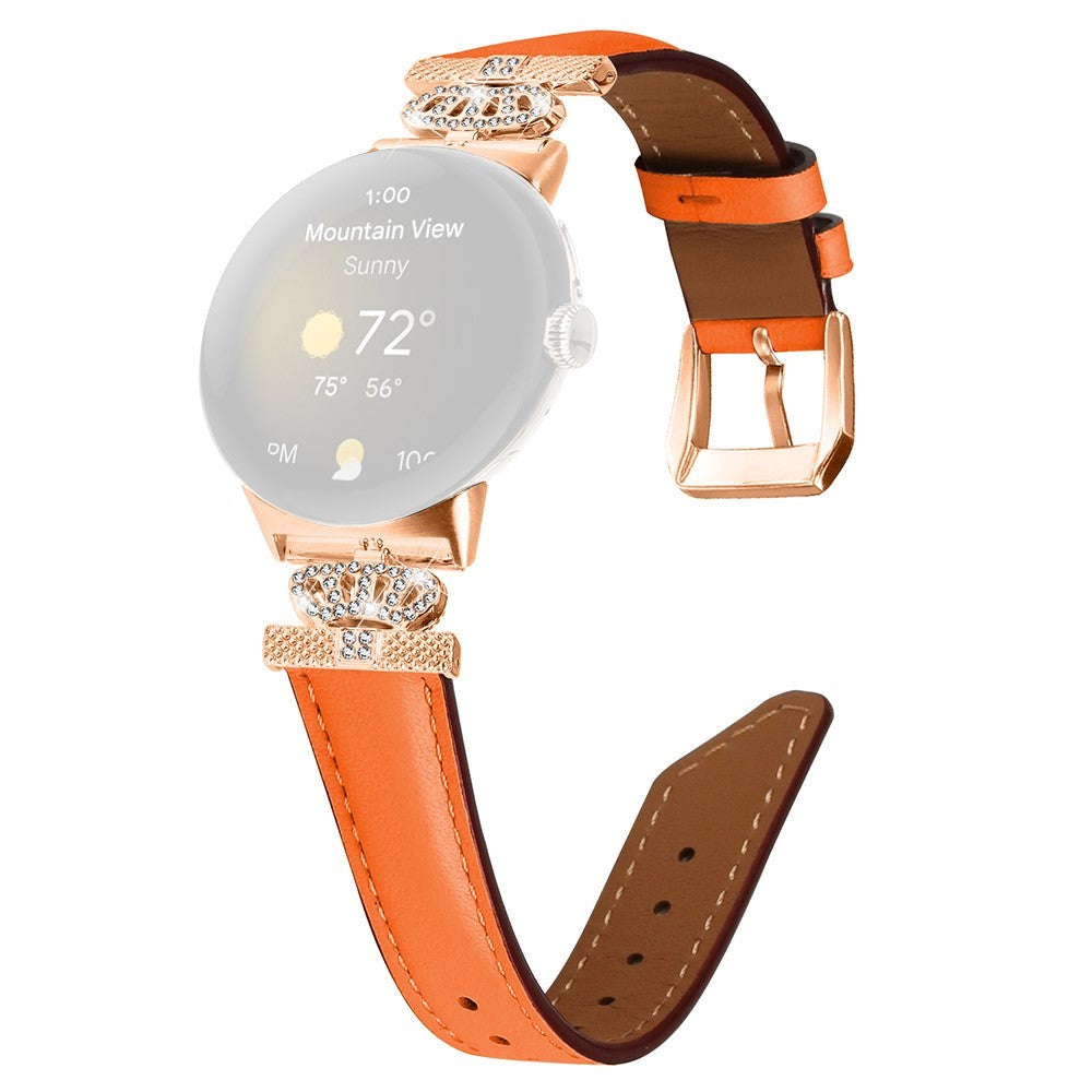 Google Pixel Watch 1 / 2 / 3 Läderrem med Rose Gold Strass Spänne - Orange