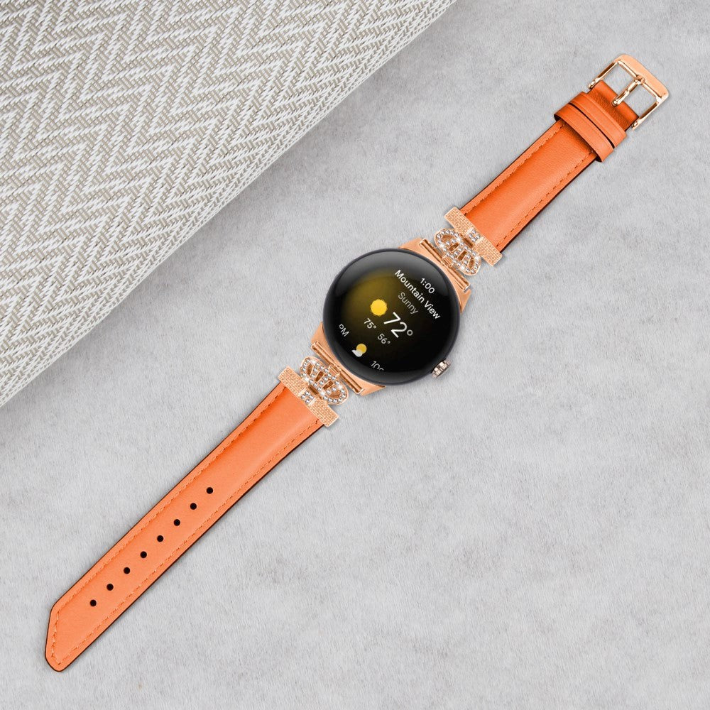 Google Pixel Watch 1 / 2 / 3 Läderrem med Rose Gold Strass Spänne - Orange