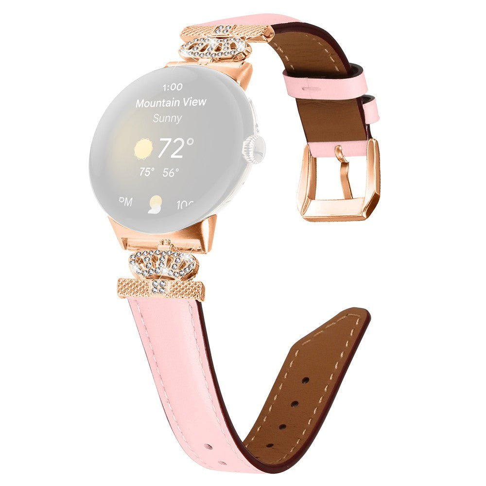 Google Pixel Watch 1 / 2 / 3 Läderrem med Rose Gold Strass Spänne - Rosa