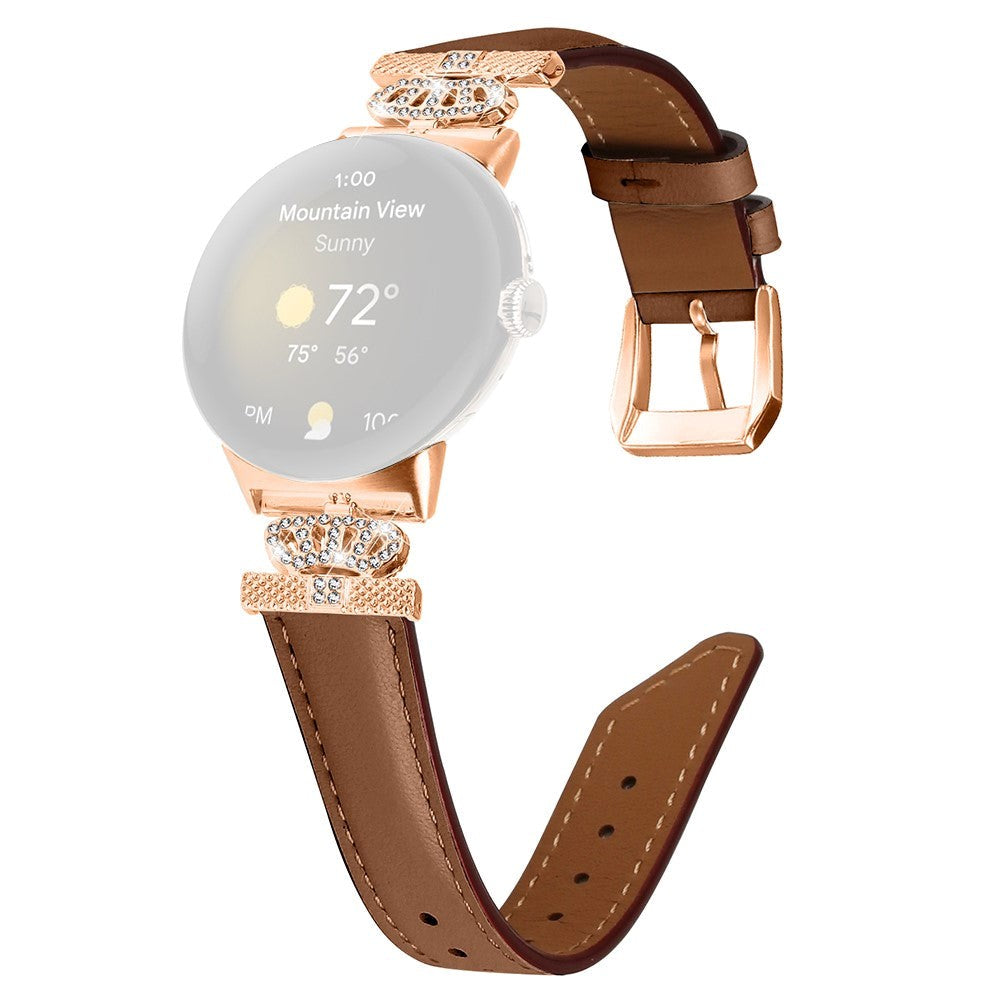 Google Pixel Watch 1 / 2 / 3 Läderrem med Rose Gold Strass Spänne - Brun