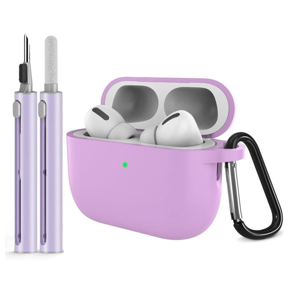 Apple AirPods Pro (3. gen.) Silikon Skal m. Karabinhake & Rengöringspenna - Light Purple