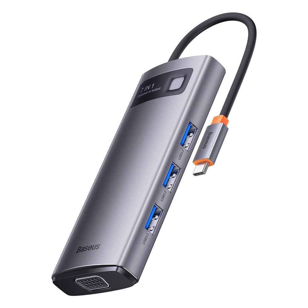 Baseus 7-i-1 USB-C Multiport Hub - 3 x USB-A 1 x USB-C 1 x HDMI 1 x VGA 1 x RJ45 - Grå