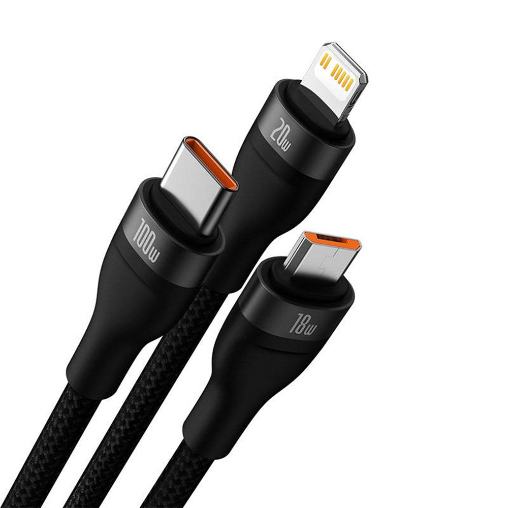 Baseus Flash Series 2 - 3-i-1 100W USB Multi-Kabel med USB-C, Lightning & Micro-USB - 1,2 Meter - Svart