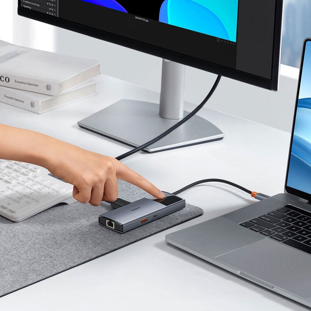 Baseus USB-C 6-i-1 Multiportadapter med 2 x USB-C 2 x USB-A 1 x HDMI 1 x RJ45 - Grå