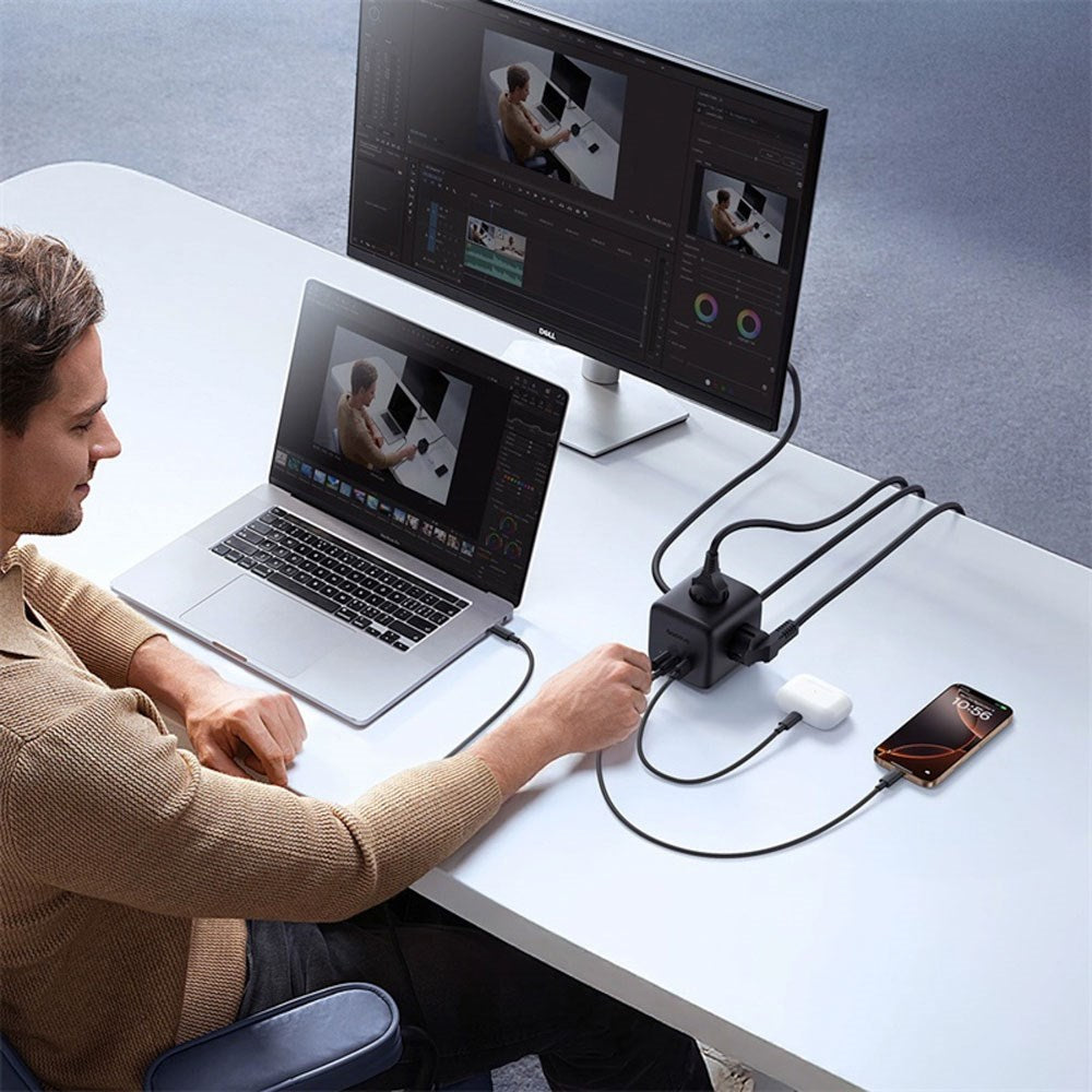 Baseus 67W Grenuttag med 3 x Schuko - 2 x USB-C - 1 x USB-A - 1,5m - Grå