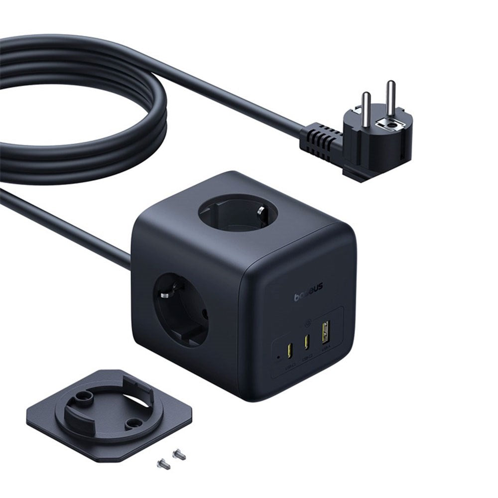 Baseus 67W Grenuttag med 3 x Schuko - 2 x USB-C - 1 x USB-A - 1,5m - Grå