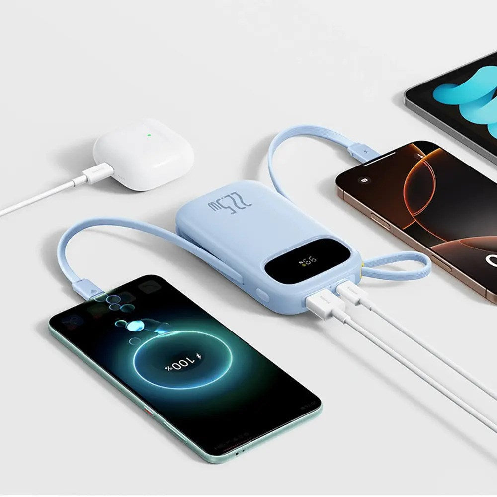 Baseus EnerFill 20 000mAh Powerbank 22,5W med Inbyggd USB-C- & Lightning-Kabel - Blå