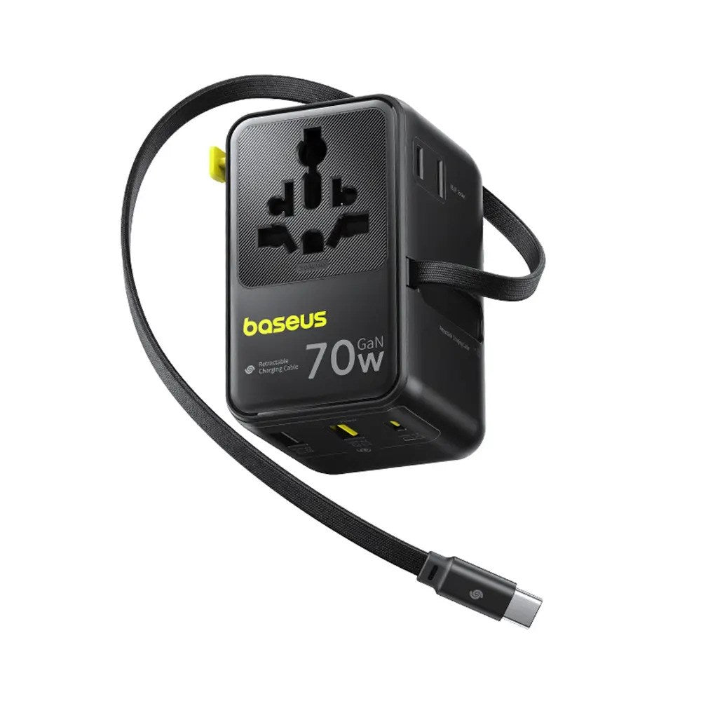Baseus EnerCore 70W 6-i-1 Reseadapter m. Utdragbar USB-C Kabel - Svart
