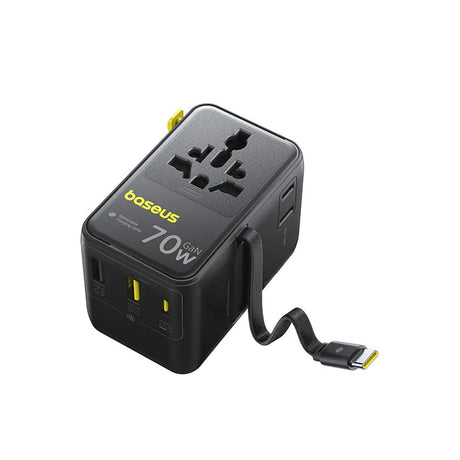 Baseus EnerCore 70W 6-i-1 Reseadapter m. Utdragbar USB-C Kabel - Svart