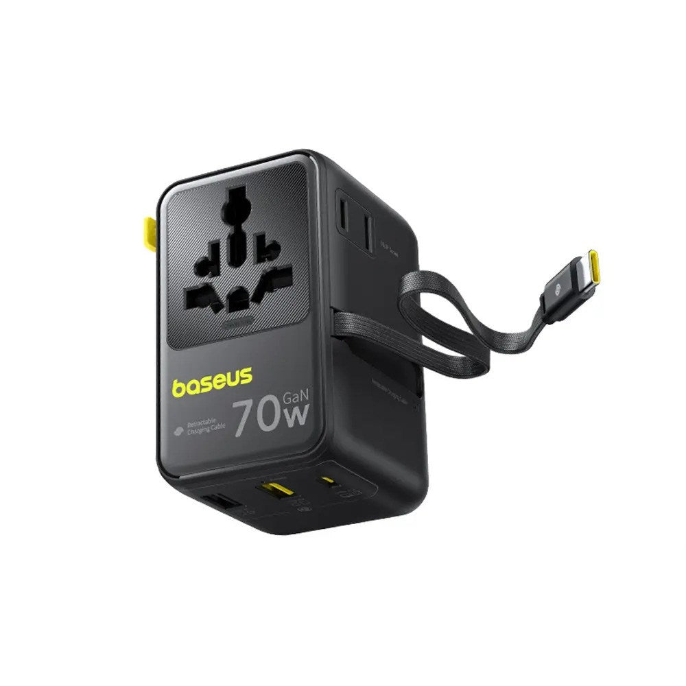 Baseus EnerCore 70W 6-i-1 Reseadapter m. Utdragbar USB-C Kabel - Svart