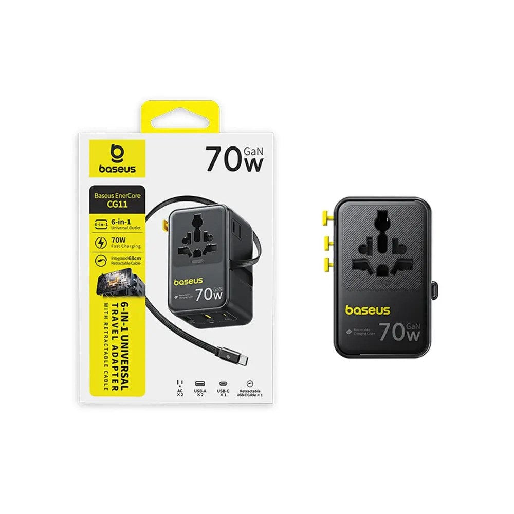 Baseus EnerCore 70W 6-i-1 Reseadapter m. Utdragbar USB-C Kabel - Svart