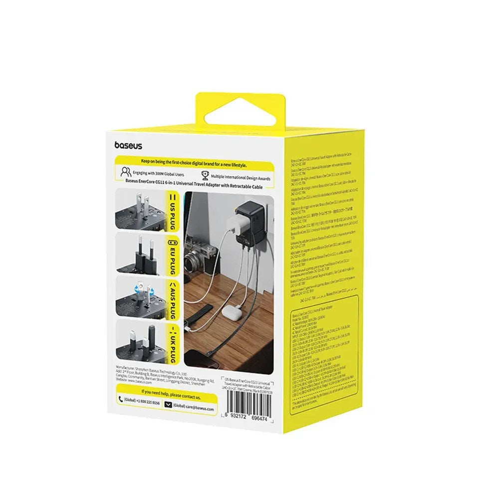 Baseus EnerCore 70W 6-i-1 Reseadapter m. Utdragbar USB-C Kabel - Svart