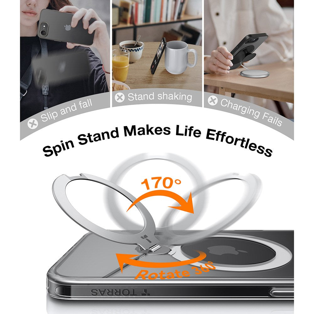 TORRAS iPhone 16e Ostand Spin Hybrid Skal med Kickstand - Genomskinlig / Silver