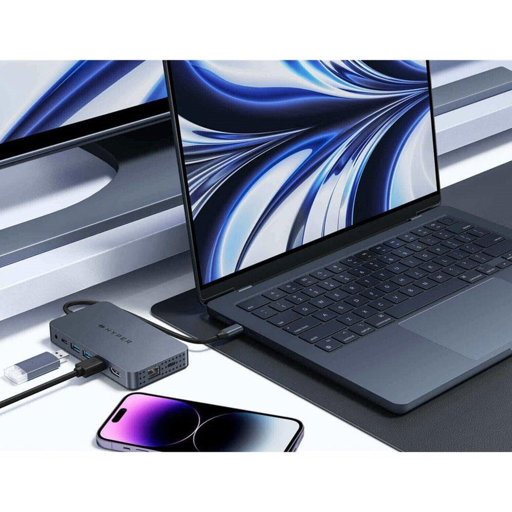 Hyper HyperDrive 10-i-1 USB-C-Hubb med USB-A / USB-C / HDMI / Ethernet / 3,5 mm-Uttag / SD- & MicroSD-Kort - Grå