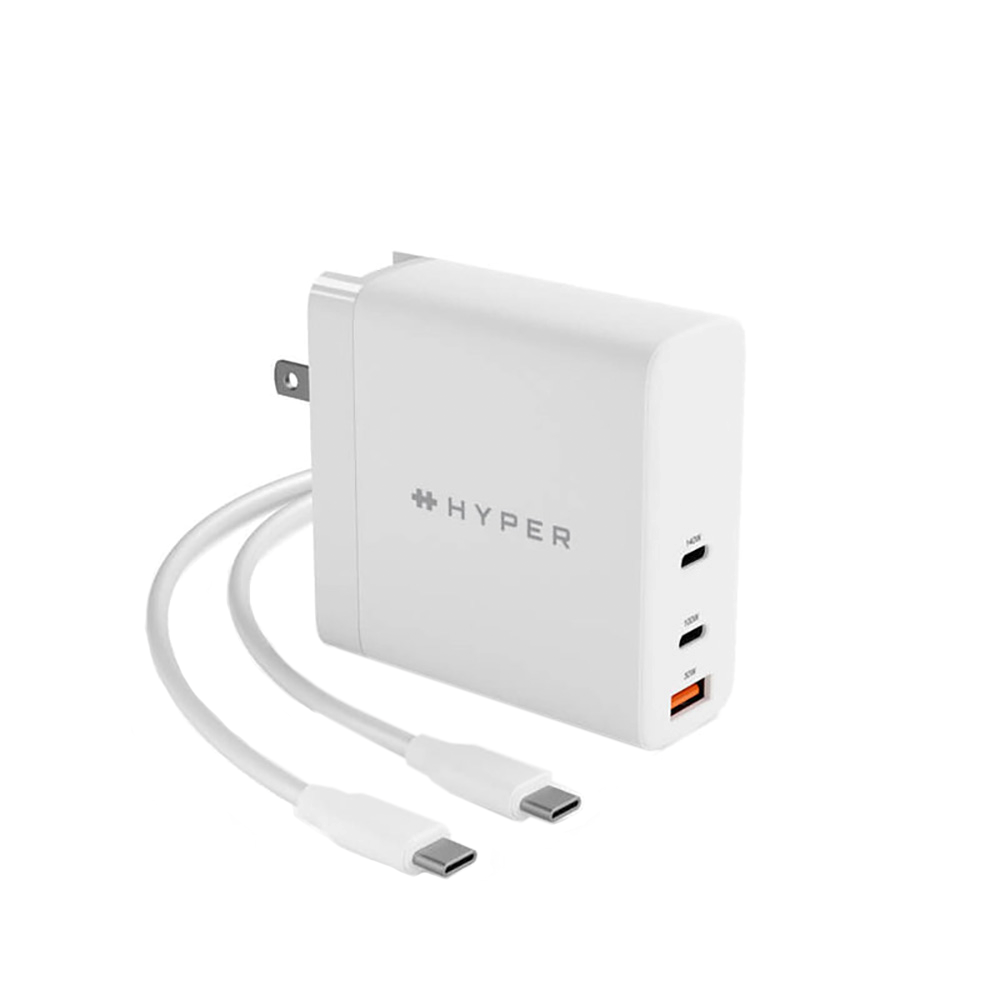 Hyper 140W GaN Väggladdare med 2 x USB-C, 1 x USB-A och Reseadaptrar - Vit
