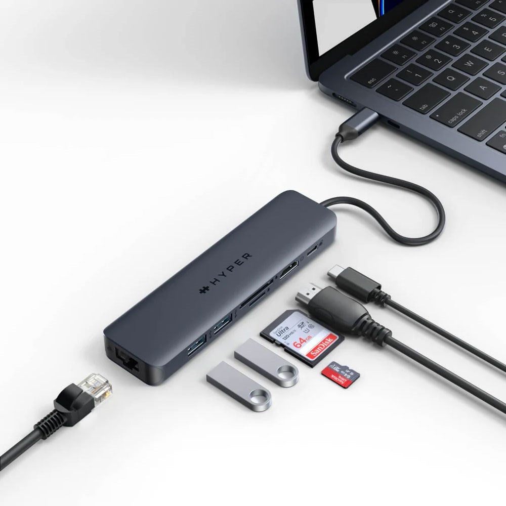 Hyper HyperDrive Ecosmart 7-i-1 USB-C-Hubb med USB-A / USB-C / HDMI / Ethernet / SD- & MicroSD-Kort - Grå