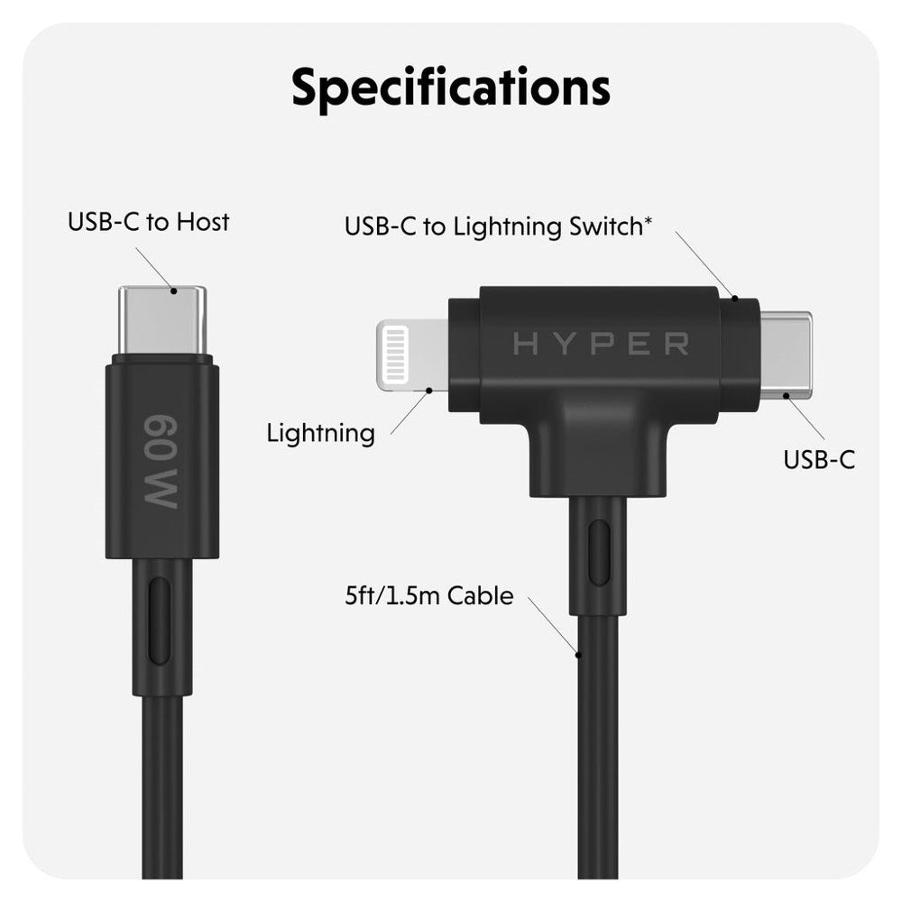 Hyper HyperJuice 60W 2-i-1 Hybrid Silikon USB-C till USB-C & Lightning Kabel - 1.5m - Svart