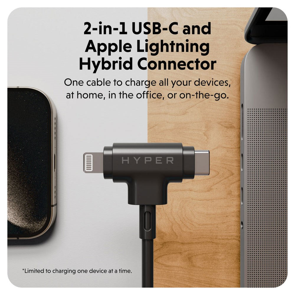 Hyper HyperJuice 60W 2-i-1 Hybrid Silikon USB-C till USB-C & Lightning Kabel - 1.5m - Svart