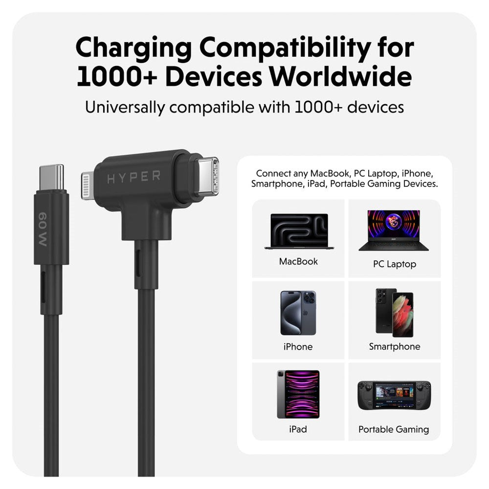 Hyper HyperJuice 60W 2-i-1 Hybrid Silikon USB-C till USB-C & Lightning Kabel - 1.5m - Svart
