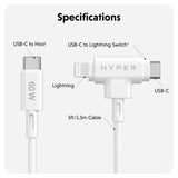 Hyper HyperJuice 60W 2-i-1 Hybrid Silikon USB-C till USB-C & Lightning Kabel - 1.5m - Vit