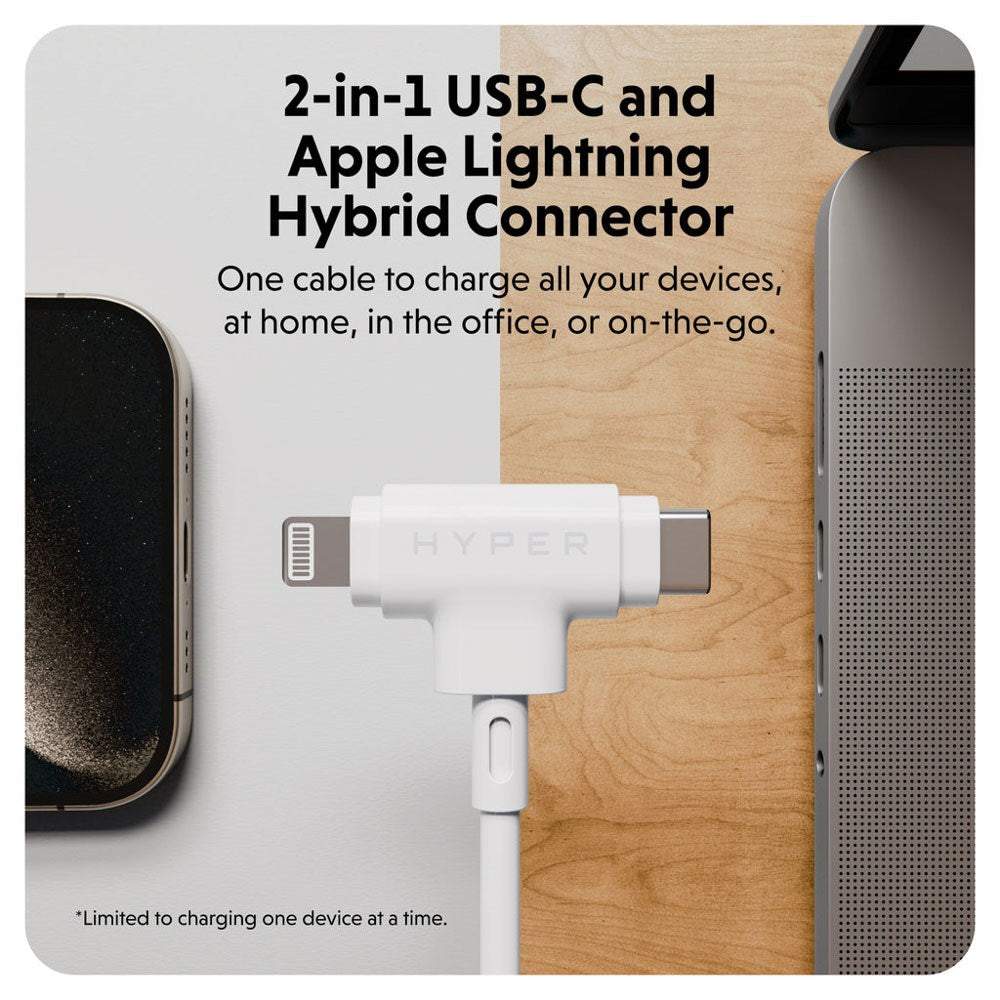 Hyper HyperJuice 60W 2-i-1 Hybrid Silikon USB-C till USB-C & Lightning Kabel - 1.5m - Vit