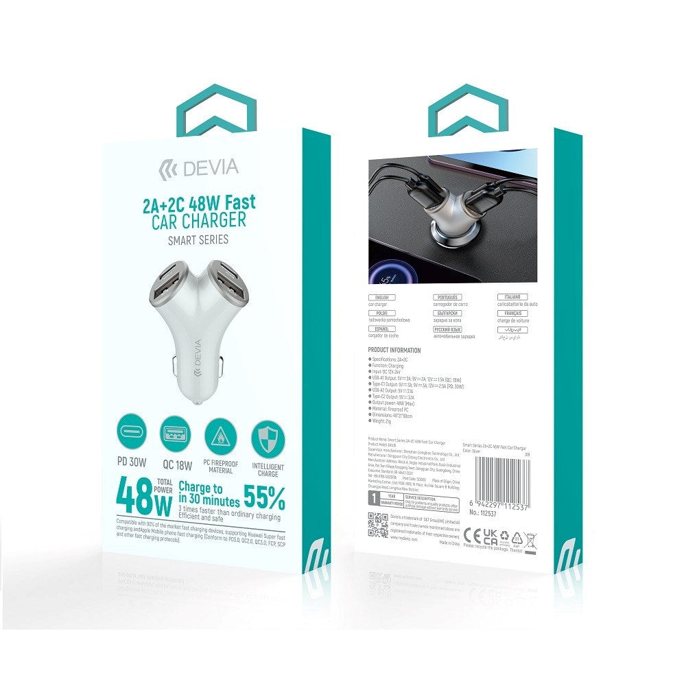 Devia Y-Formad Billaddare 48W 2 x USB-C 2 x USB-A - Silver