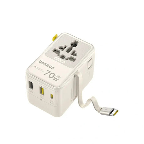 Baseus EnerCore 70W 6-i-1 Reseadapter m. Utdragbar USB-C Kabel - Vit