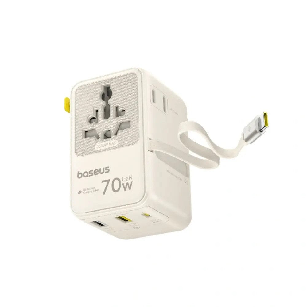 Baseus EnerCore 70W 6-i-1 Reseadapter m. Utdragbar USB-C Kabel - Vit