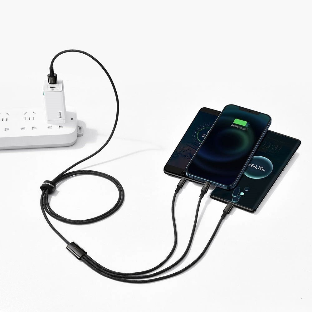 Baseus 3-i-1 USB-A Multikabel med 1 x USB-C 1 x Lightning 1 x Micro USB - 1,5m - Svart