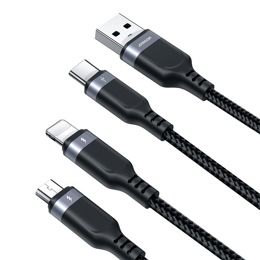 Joyroom 3-i-1 Nylon USB-C / Lightning / Micro USB Kabel - 30cm - Svart