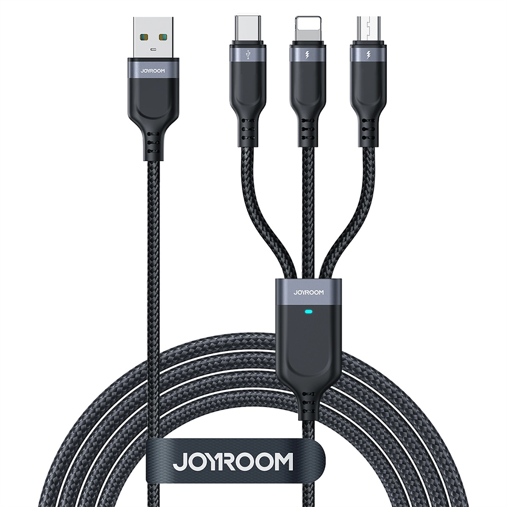 Joyroom 3-i-1 Nylon USB-C / Lightning / Micro USB Kabel - 30cm - Svart