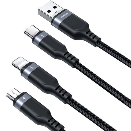 Joyroom 3-i-1 Nylon USB-C / Lightning / Micro USB Kabel - 30cm - Svart