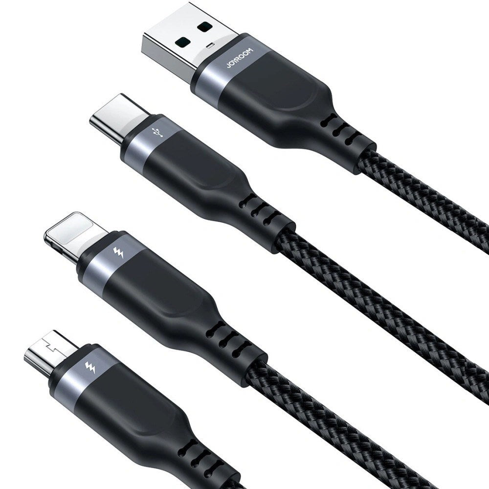 Joyroom 3-i-1 Nylon USB-C / Lightning / Micro USB Kabel - 1,2m - Svart