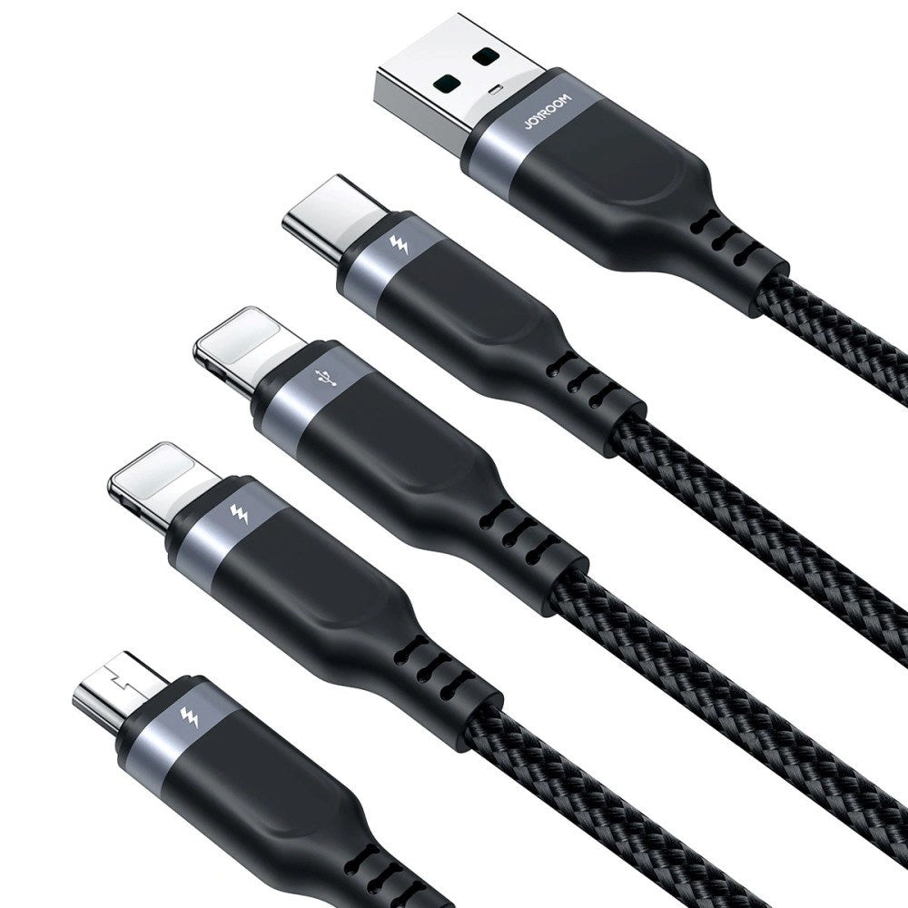 Joyroom 4-i-1 Nylon USB-C / 2 st Lightning / Micro USB Kabel - 1,2m - Svart