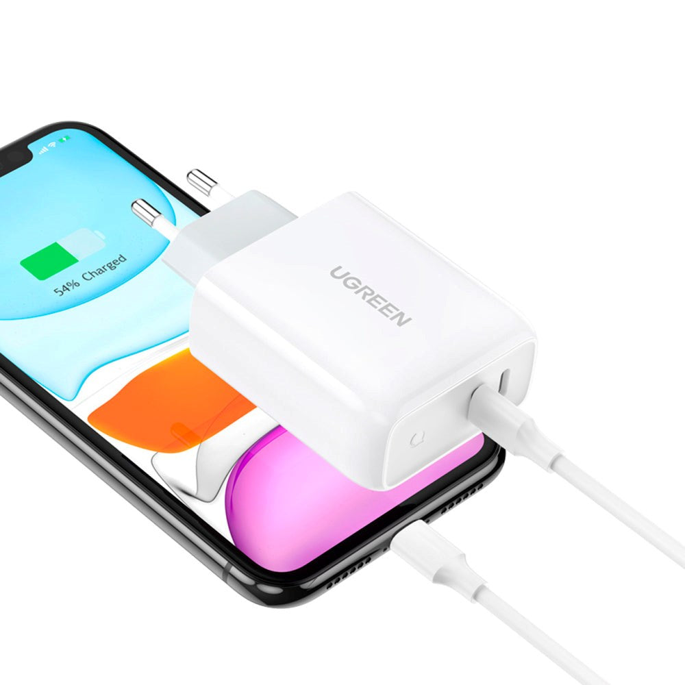 Ugreen 25W PD USB-C Snabbladdare för Vägg med 2 x USB-C - Vit