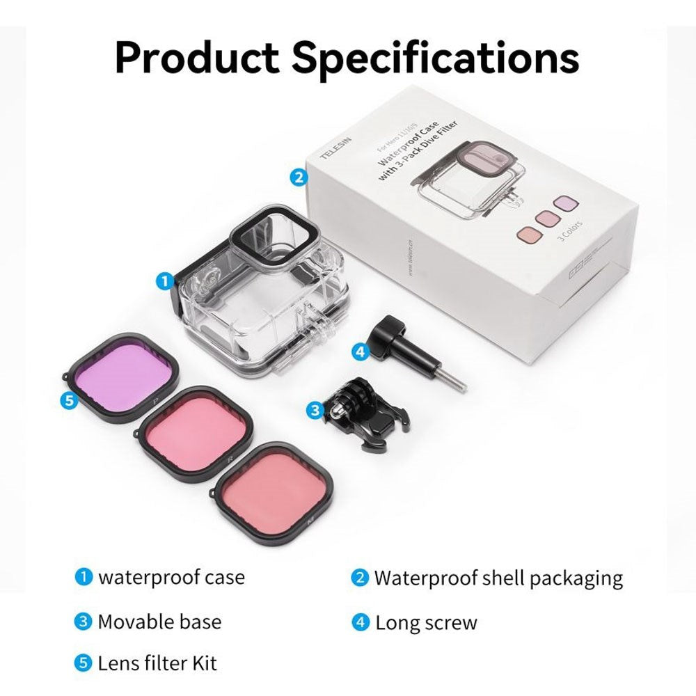 TELESIN Vattentätt Fodral för GoPro Hero 9 / 10 / 11 / 12 / 13 - inkl. 3 x Färgade Linser - Genomskinlig / Svart