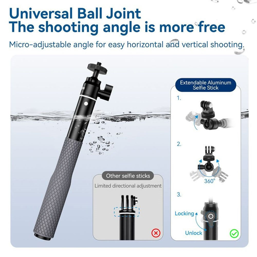 TELESIN Vattentät Selfiepinne med 360 Graders Roterbar Led - Svart / Grå