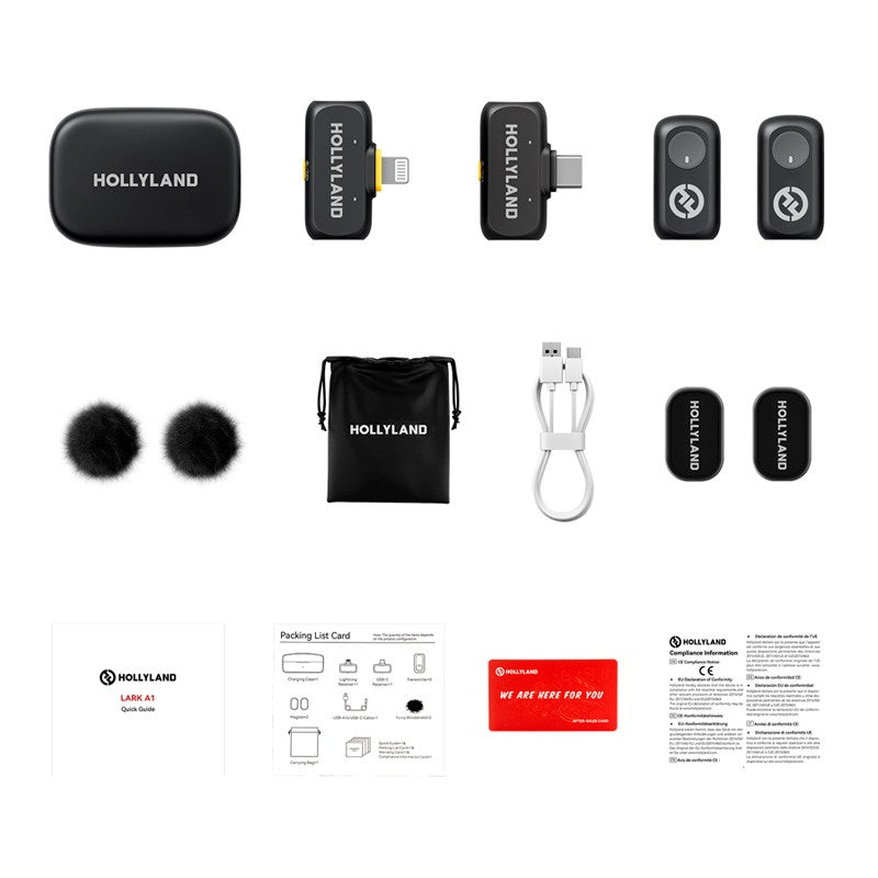 Hollyland Lark A1 Trådlös Mikrofonuppsättning med 1 x USB-C RX & 1 x Lightning RX - Svart