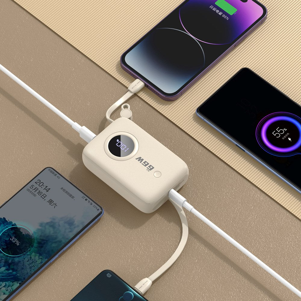 Dudao K14 10.000 mAh PowerBank m. Inbyggd USB-C Kabel & Lightning Kabel - Beige