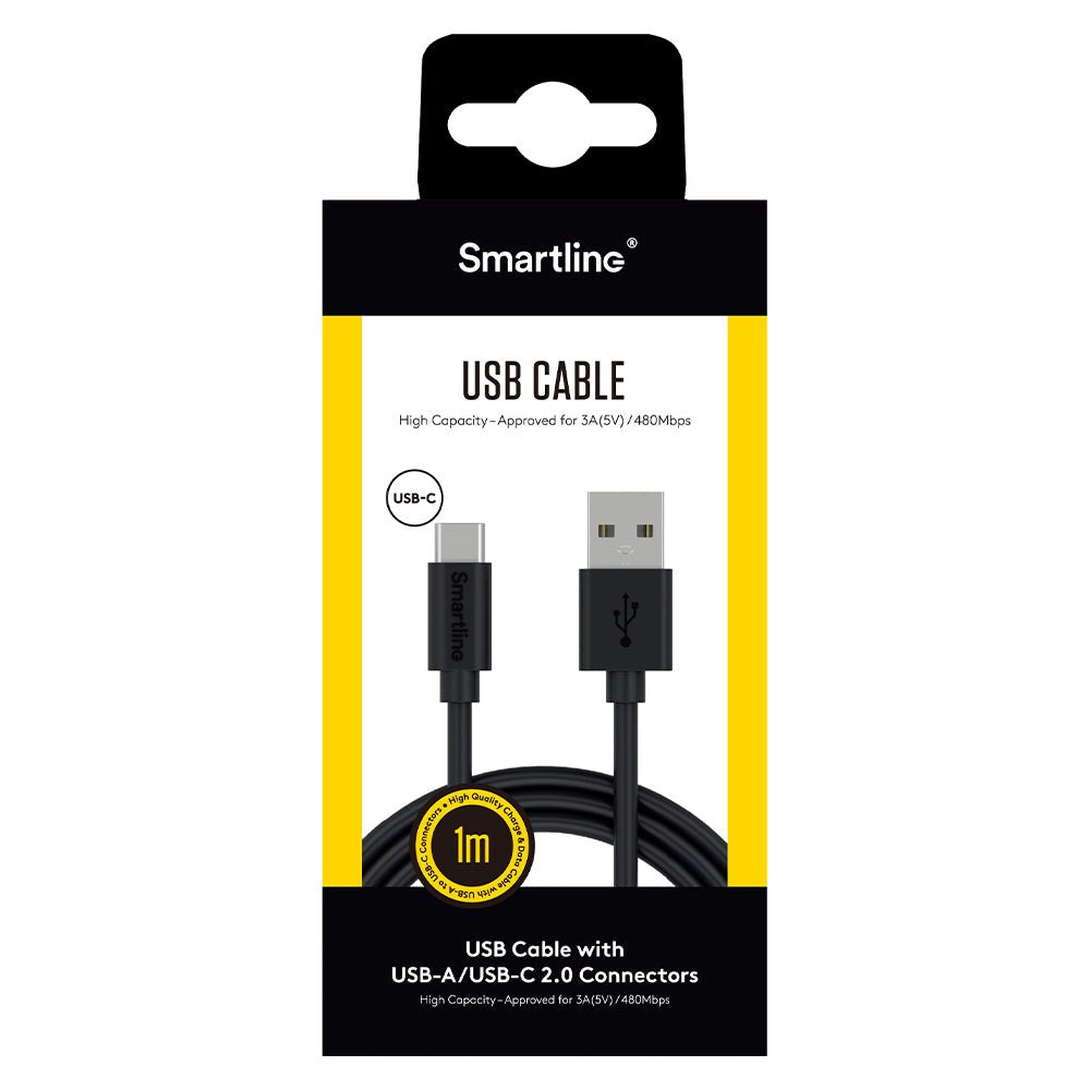 Smartline (3A/15W) USB2.0 - USB -C-kabel 1 m. - Svart