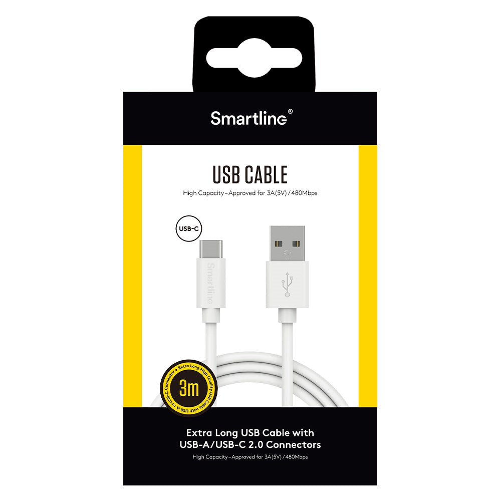 Smartline (3A/15W) USB2.0 - USB -C-kabel 3 m. - Vit