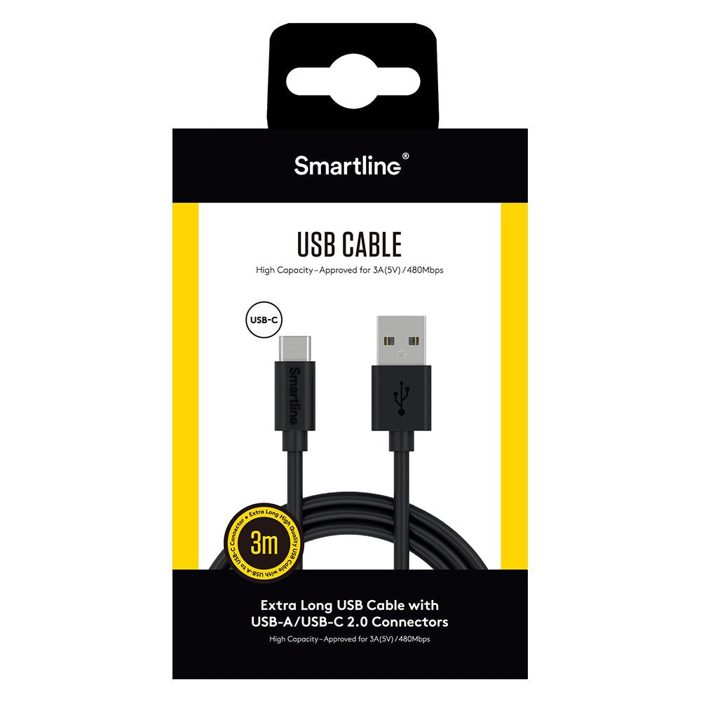 Smartline (3A/15W) USB2.0 - USB -C-kabel 3 m. - Svart