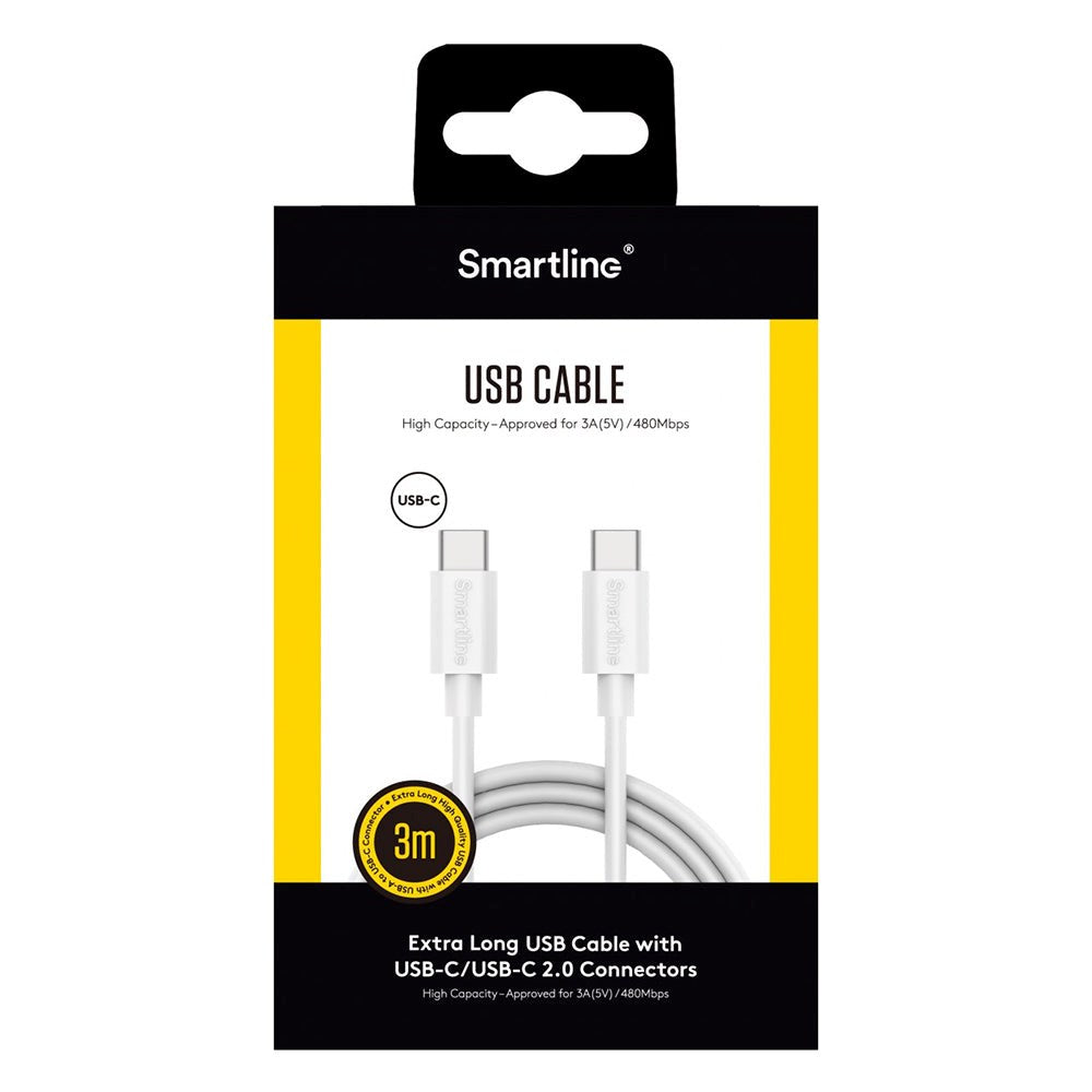 Smartline (3A/15W) USB-C till USB-C-kabel 3 m. - Vit