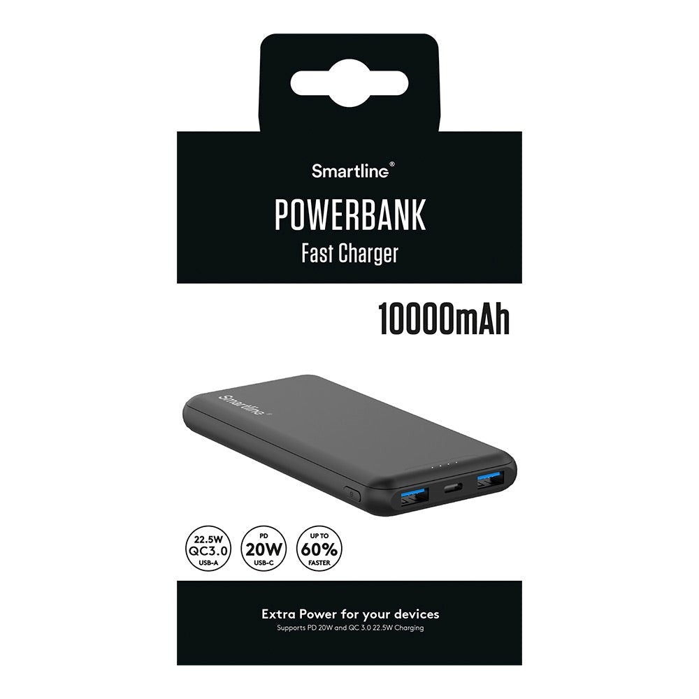 Smartline 22,5W Powerbank - 1 x USB-A (QC) & 2 x USB-C (PD) - 10000 mAh - Svart