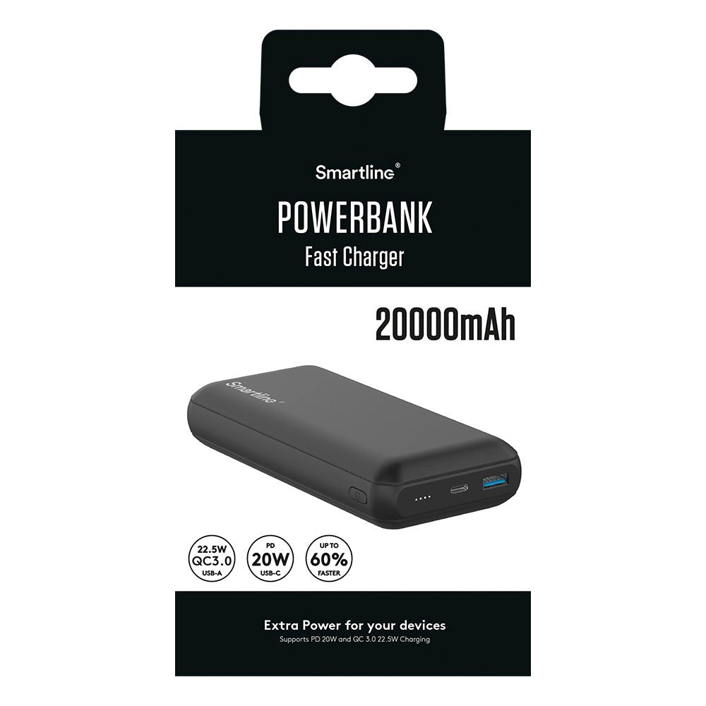 Smartline 22,5W Powerbank - 1 x USB-A (QC) & 1 x USB-C (PD) - 20000 mAh - Svart