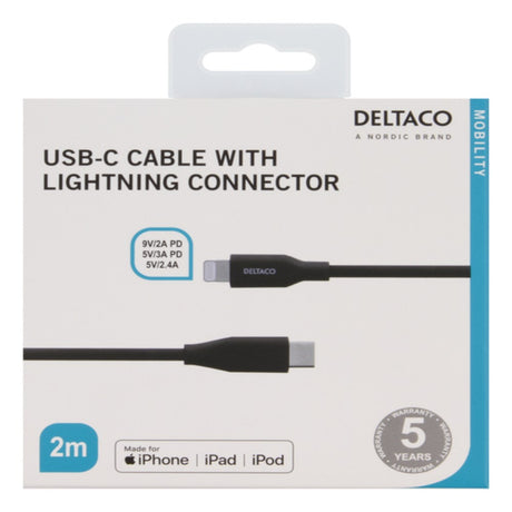 Deltaco 18W USB-C till Lightning Kabel - 2m - Svart