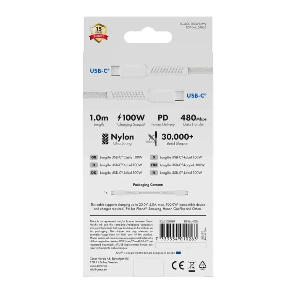 X2O Longlife 100W USB-C till USB-C Kabel - 1m - Vit